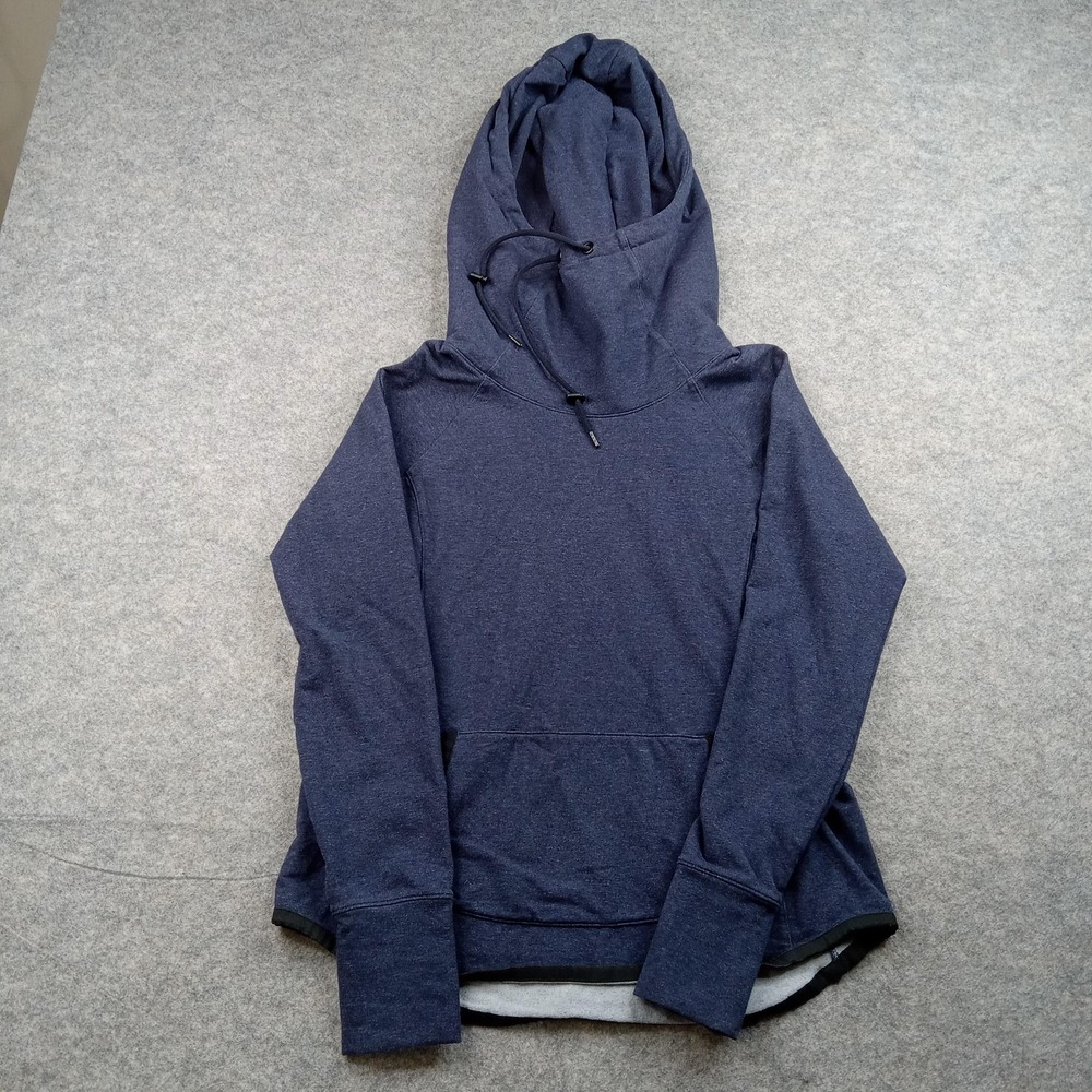 Athleta Hoodie Womens Medium Blue Sweatshirt Funnel Neck Cowl Kangaroo Pocket